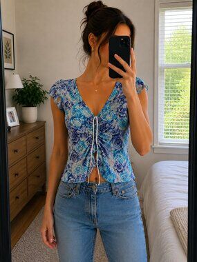 Vintage 90s Y2K Material Girl Blue Floral Sequined Cinch Front Top Cap Sleeve